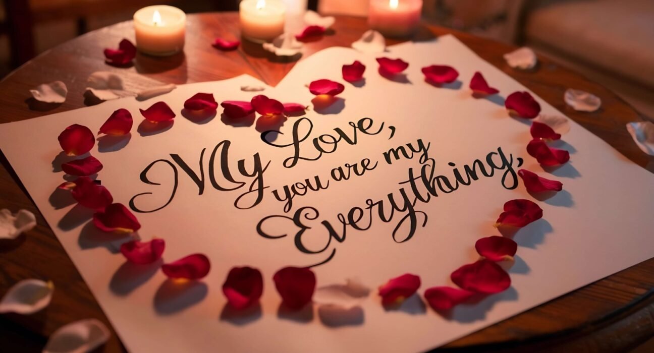 Romantic anniversary setup with candles, rose petals, and a love message card saying "My Love, you are my Everything"