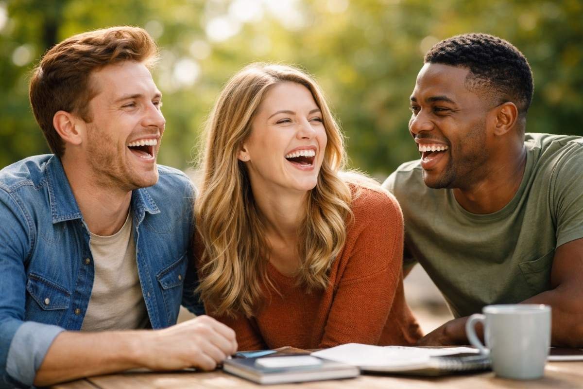 Group of friends laughing together representing classic funny words that make people smile