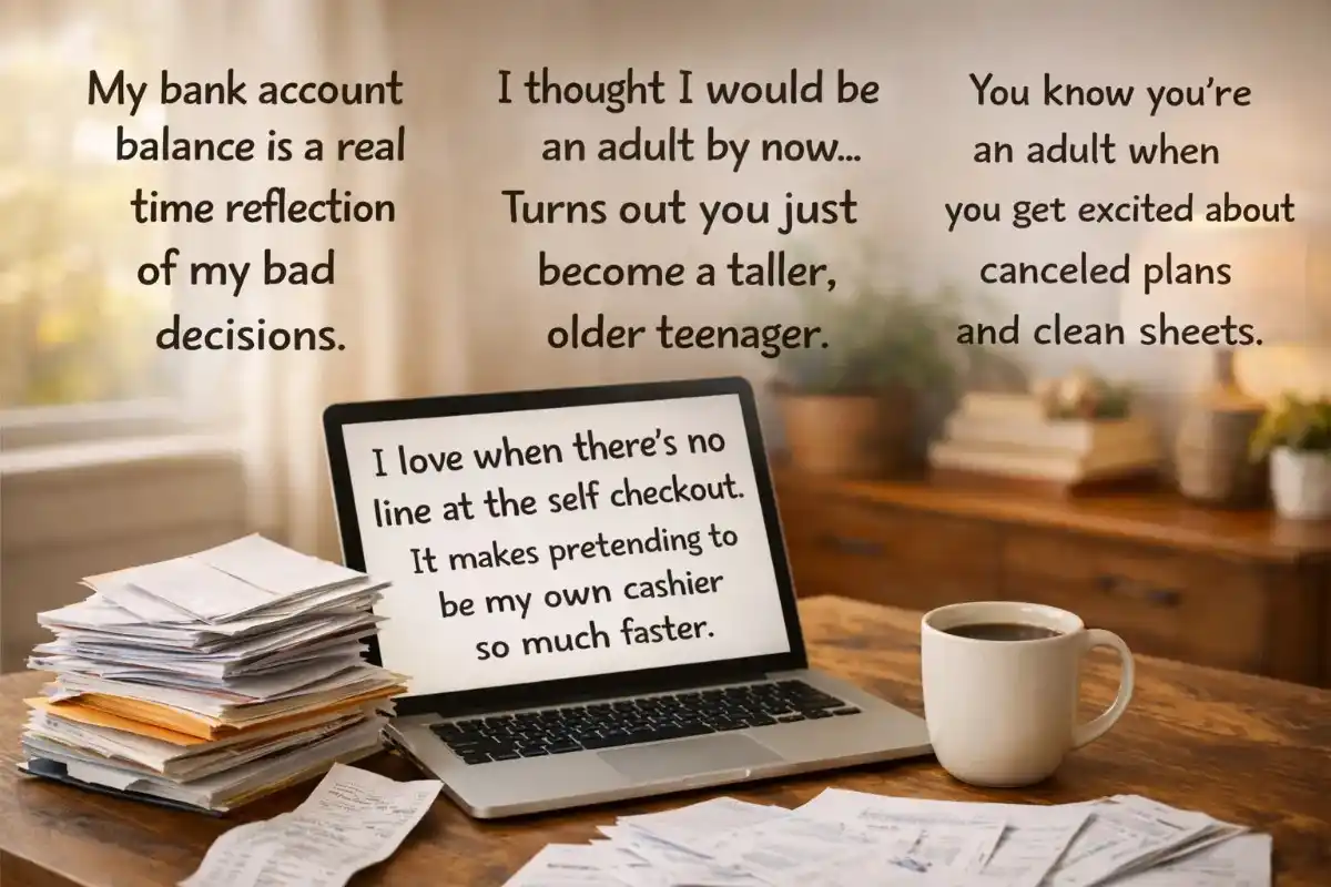Short Funny Adulting Quotes workspace with laptop bills and coffee representing adult life humor