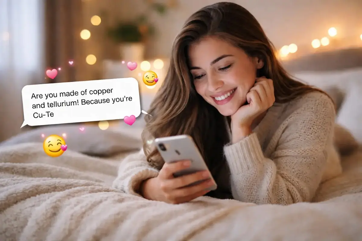 Girl smiling at phone after reading a sweet funny message for her that make her smile instantly with romantic vibes