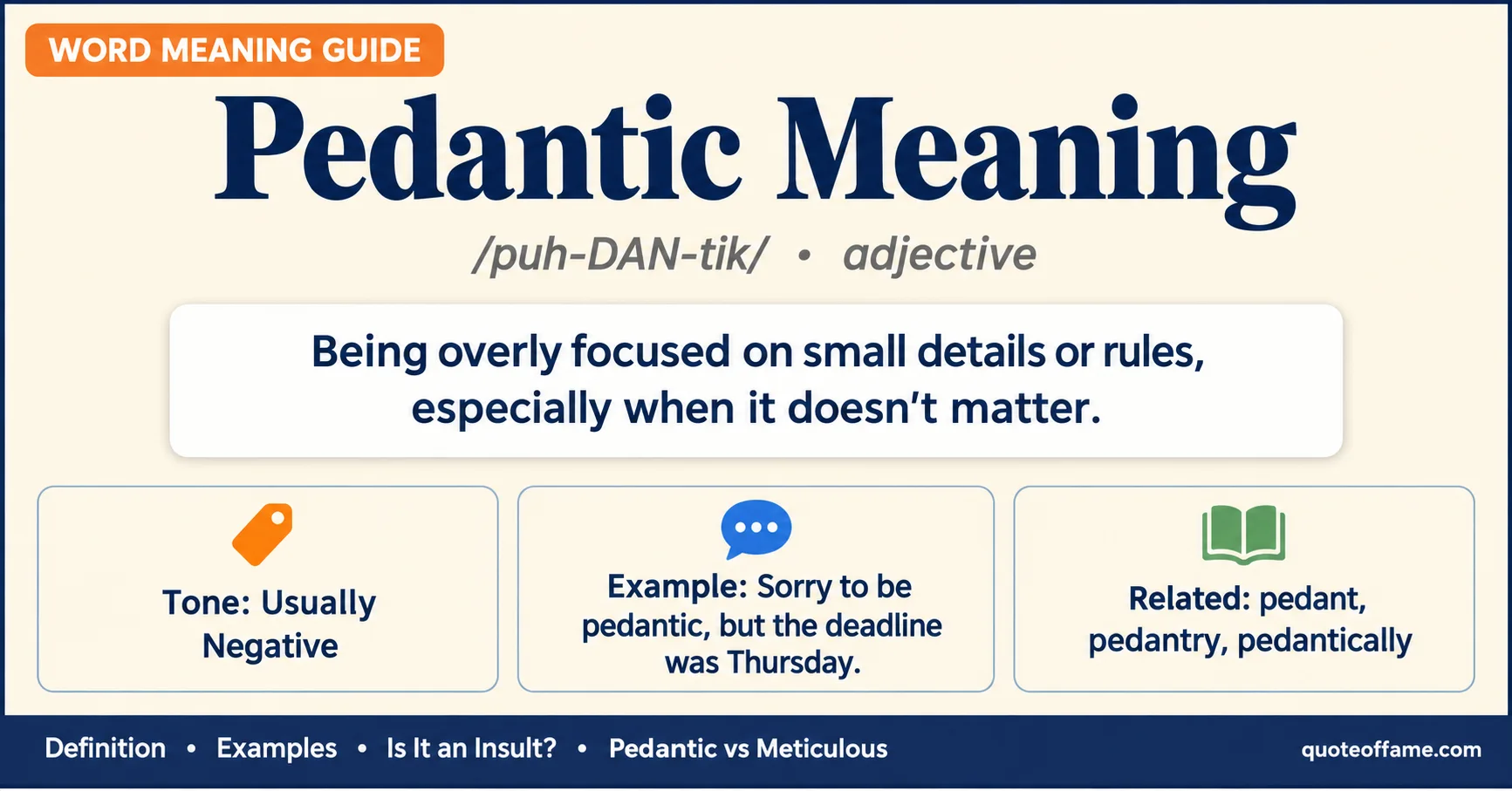 Pedantic meaning infographic showing the definition, pronunciation, tone, and example sentence