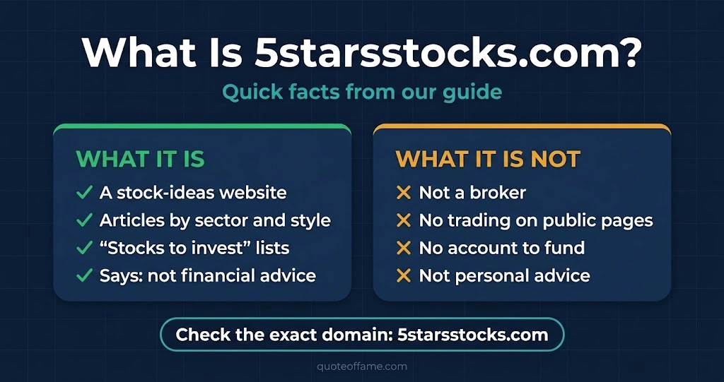 Infographic showing what 5starsstocks.com is and is not: a stock-ideas website, not a broker