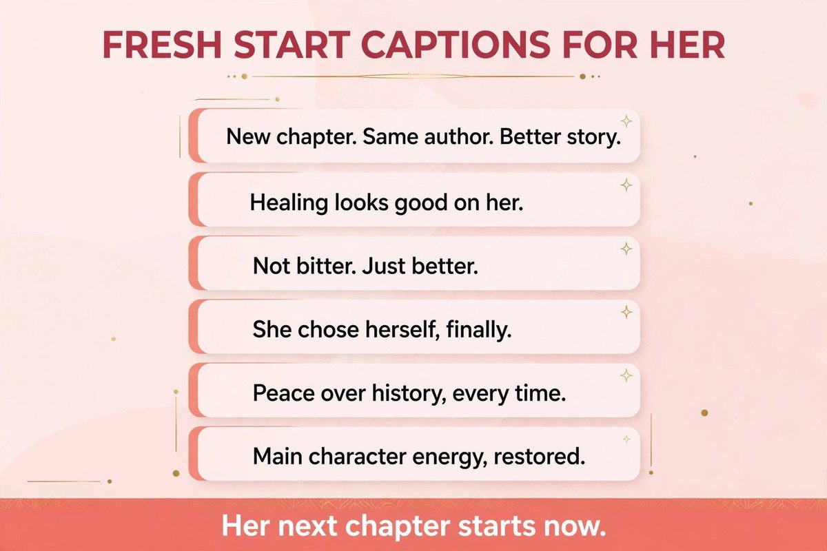 Short breakup captions for her fresh start, including new chapter and main character lines