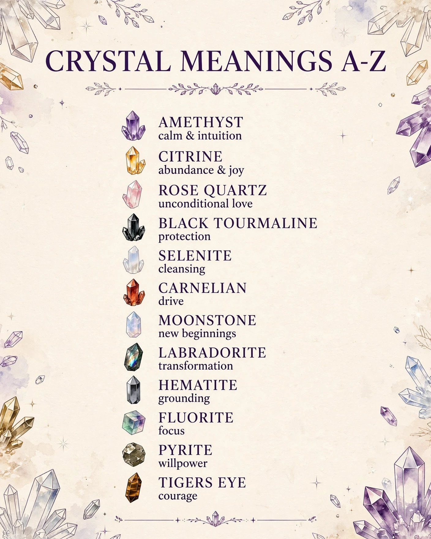 Crystal meanings A-Z chart: quick reference table of 24 healing stones and their core meanings