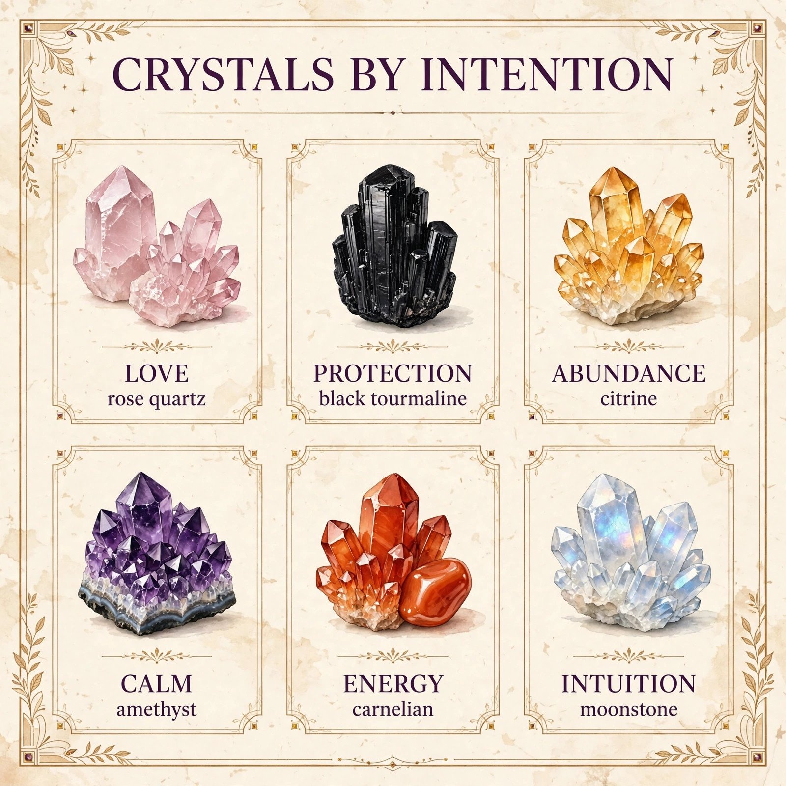 Crystal meanings chart organized by intention: love, protection, abundance, calm, energy, and intuition stones
