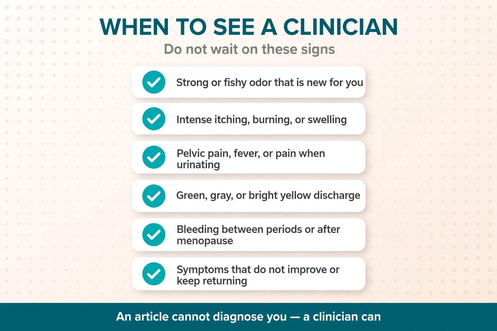 Checklist of warning signs for when discharge changes mean seeing a clinician