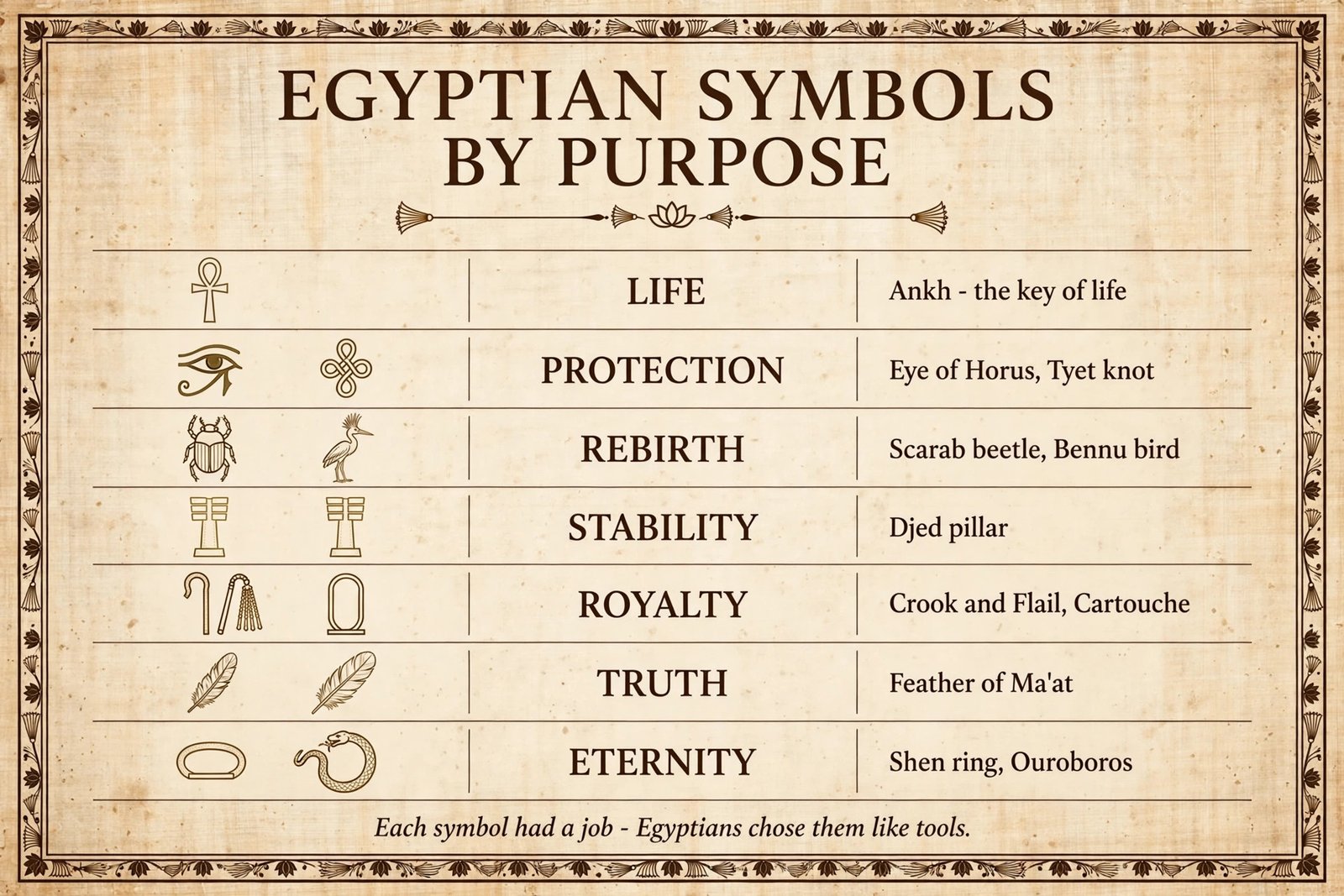 Chart of Egyptian symbols organized by purpose: life, protection, rebirth, stability, royalty, truth, and eternity