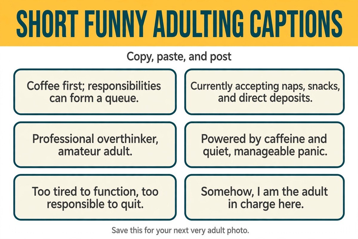 Short funny adulting captions list with six copy-and-post lines for Instagram photos and status updates
