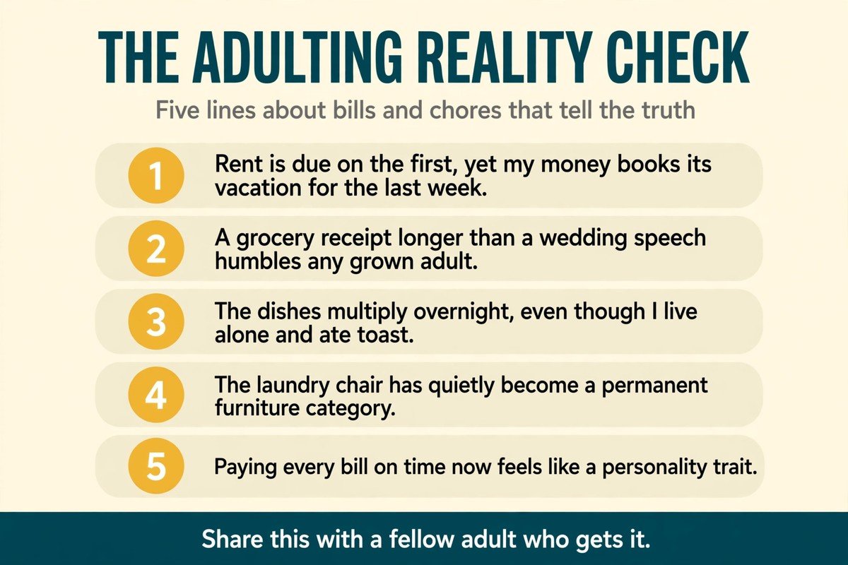 Adulting reality check chart with five funny quotes about rent, groceries, dishes, laundry and paying bills on time