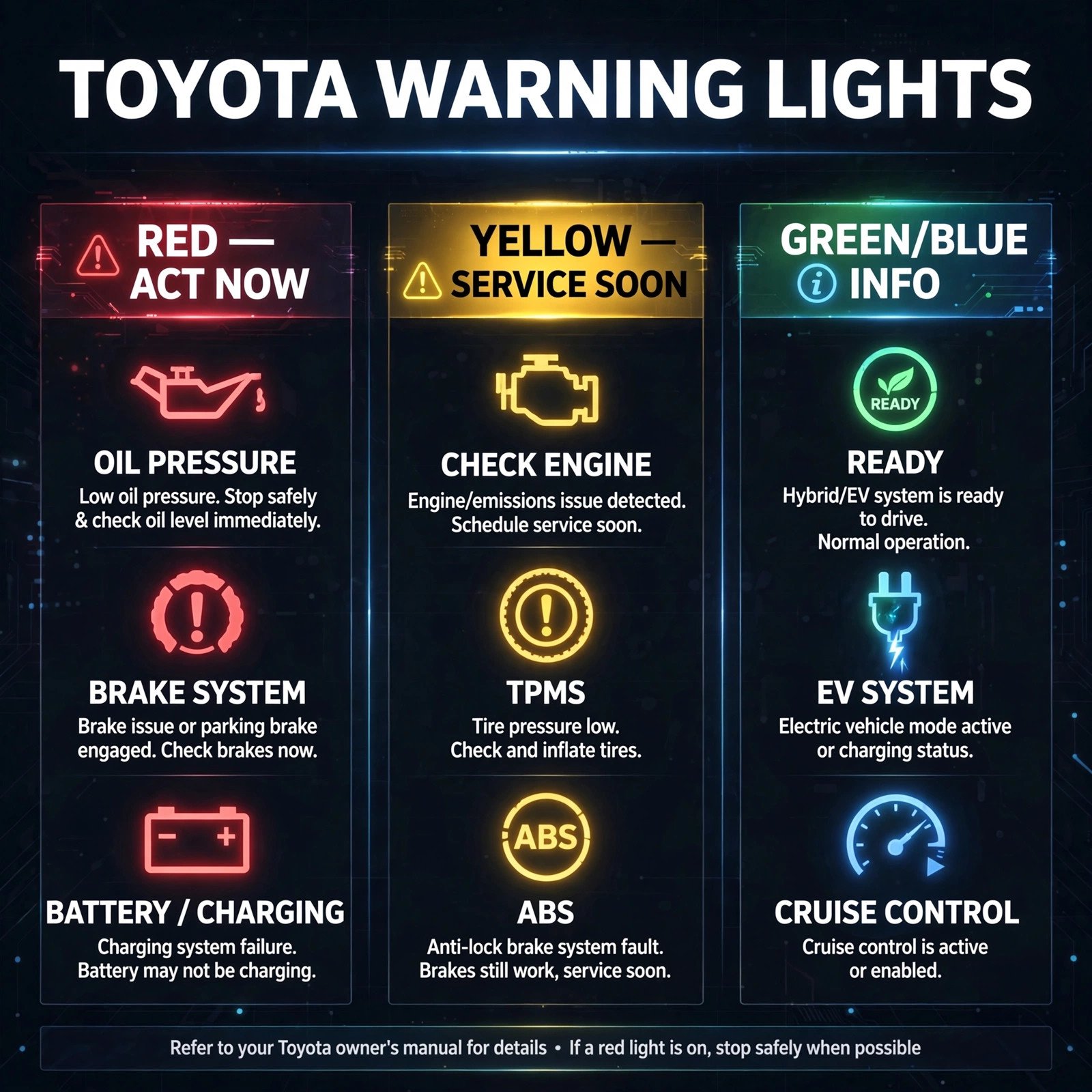 Toyota dashboard symbols and meanings chart: red warning lights, yellow caution lights, and Safety Sense indicators