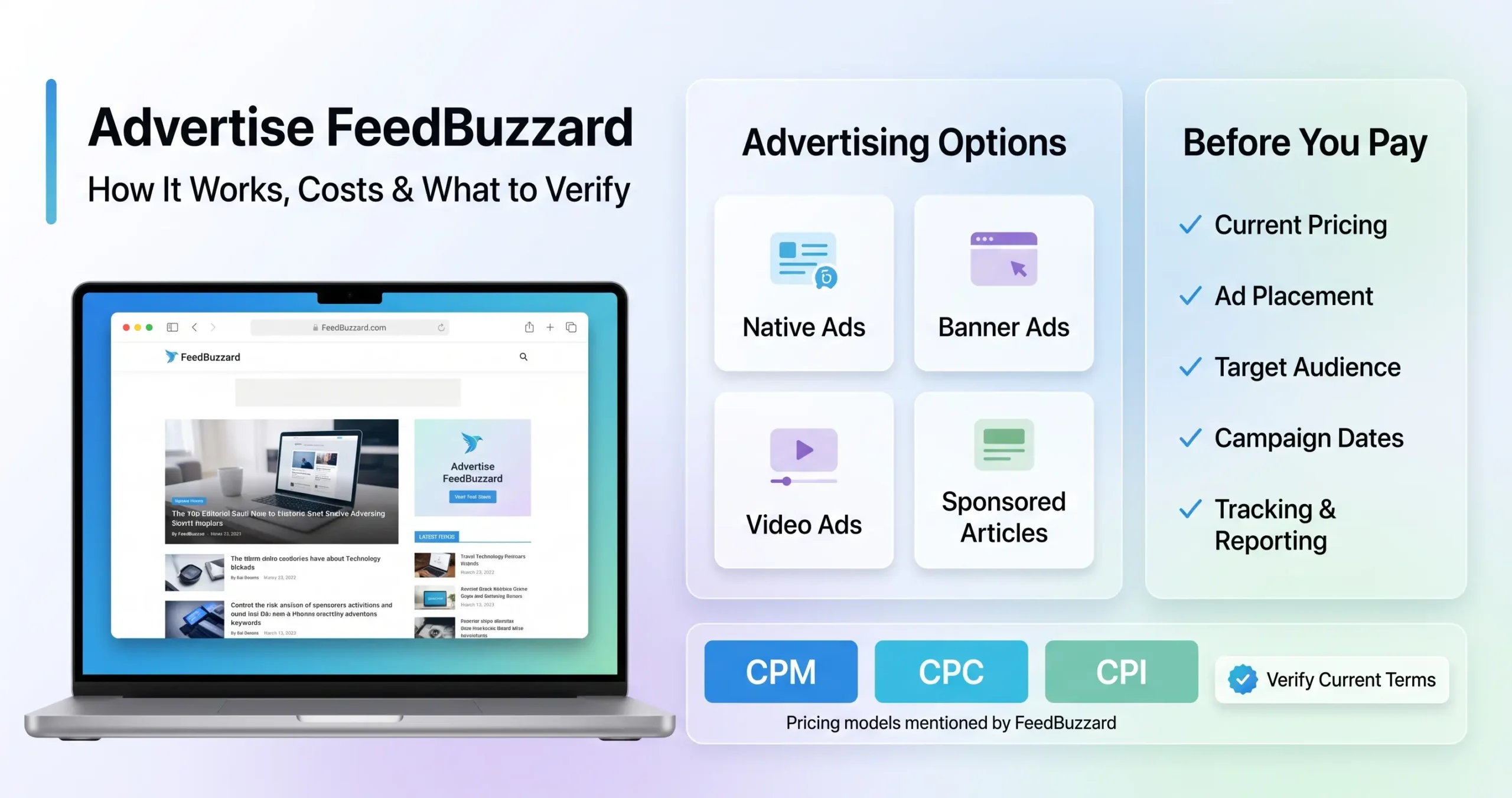 Advertise FeedBuzzard guide showing ad formats, pricing models, and verification steps