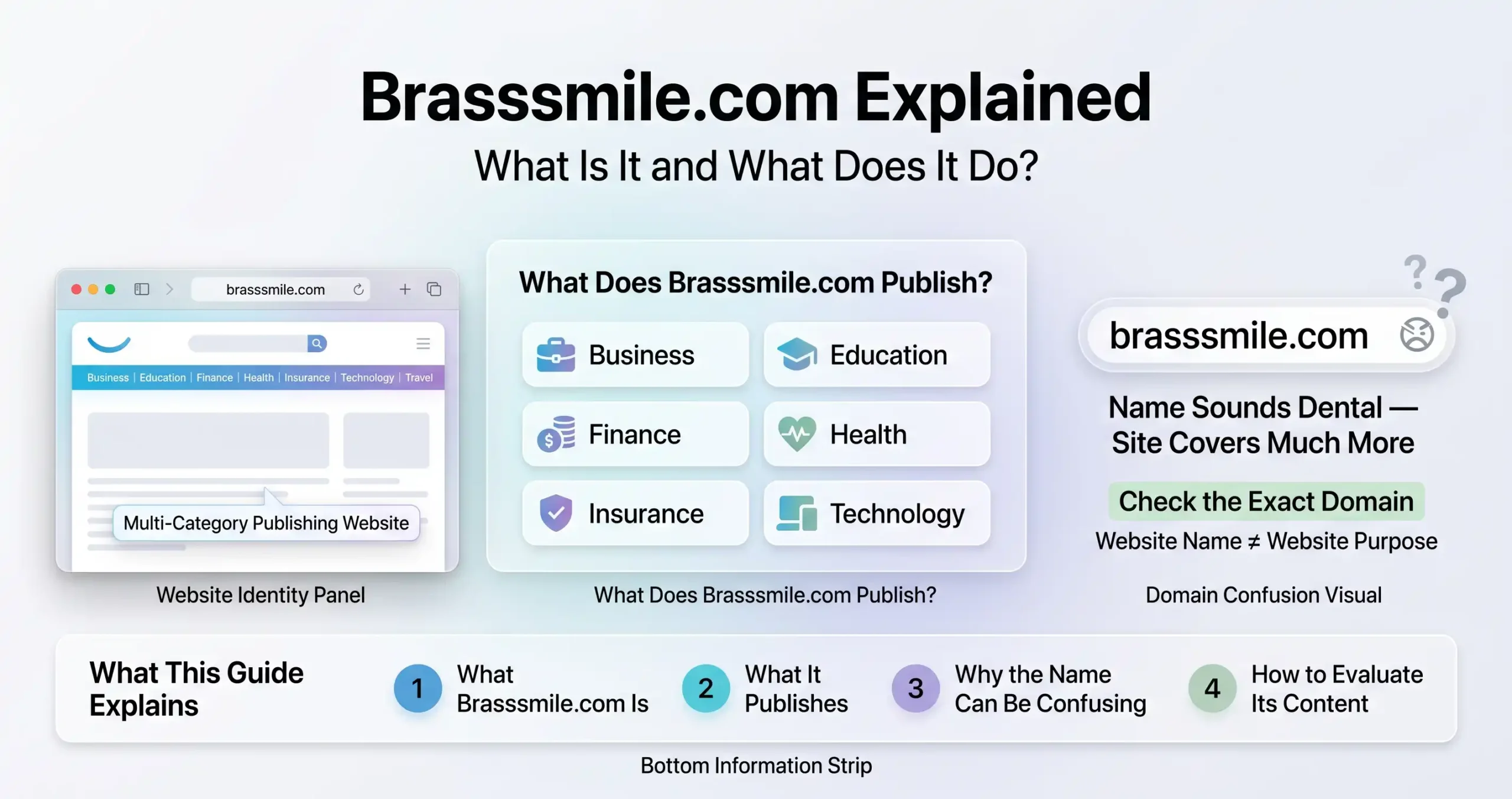 Brasssmile.com explained as a multi-category publishing website covering business, education, finance, health, insurance, technology, and travel