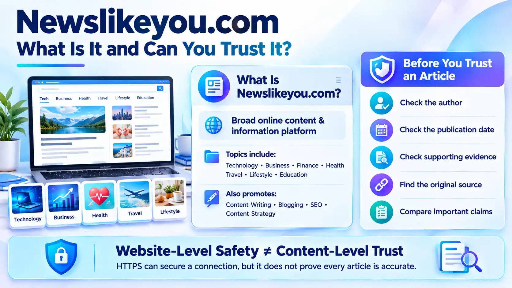 Newslikeyou.com explained with topics, services, safety, and article trust checklist