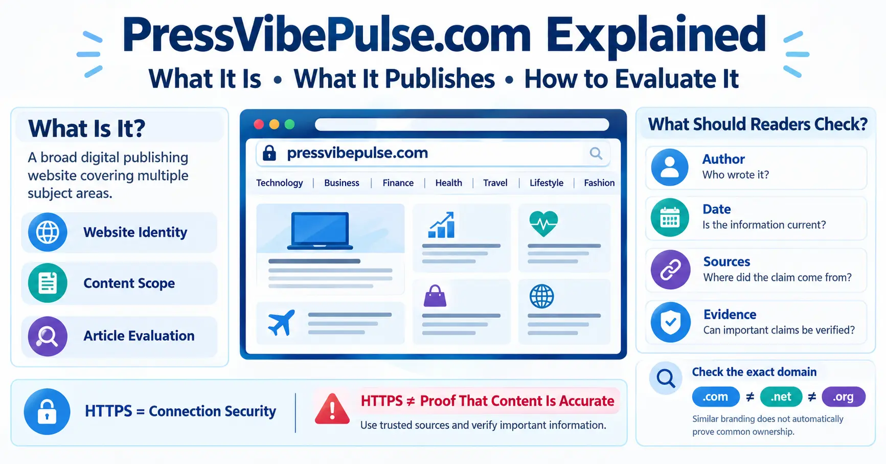 PressVibePulse.com explained with its content topics, domain distinction, HTTPS security, and article evaluation tips