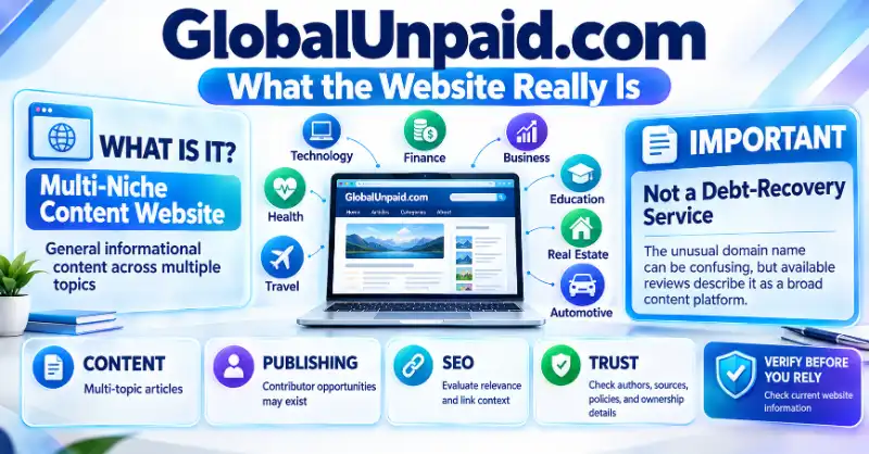 GlobalUnpaid.com review showing topics, SEO, publishing, and trust checks