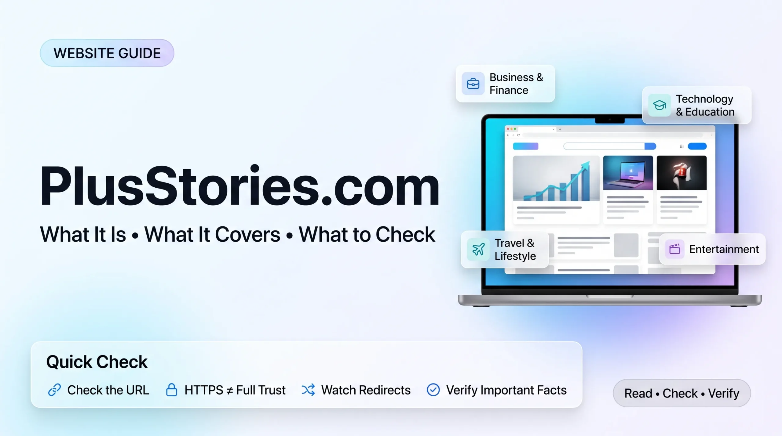 PlusStories.com website guide showing its content topics and safety checks