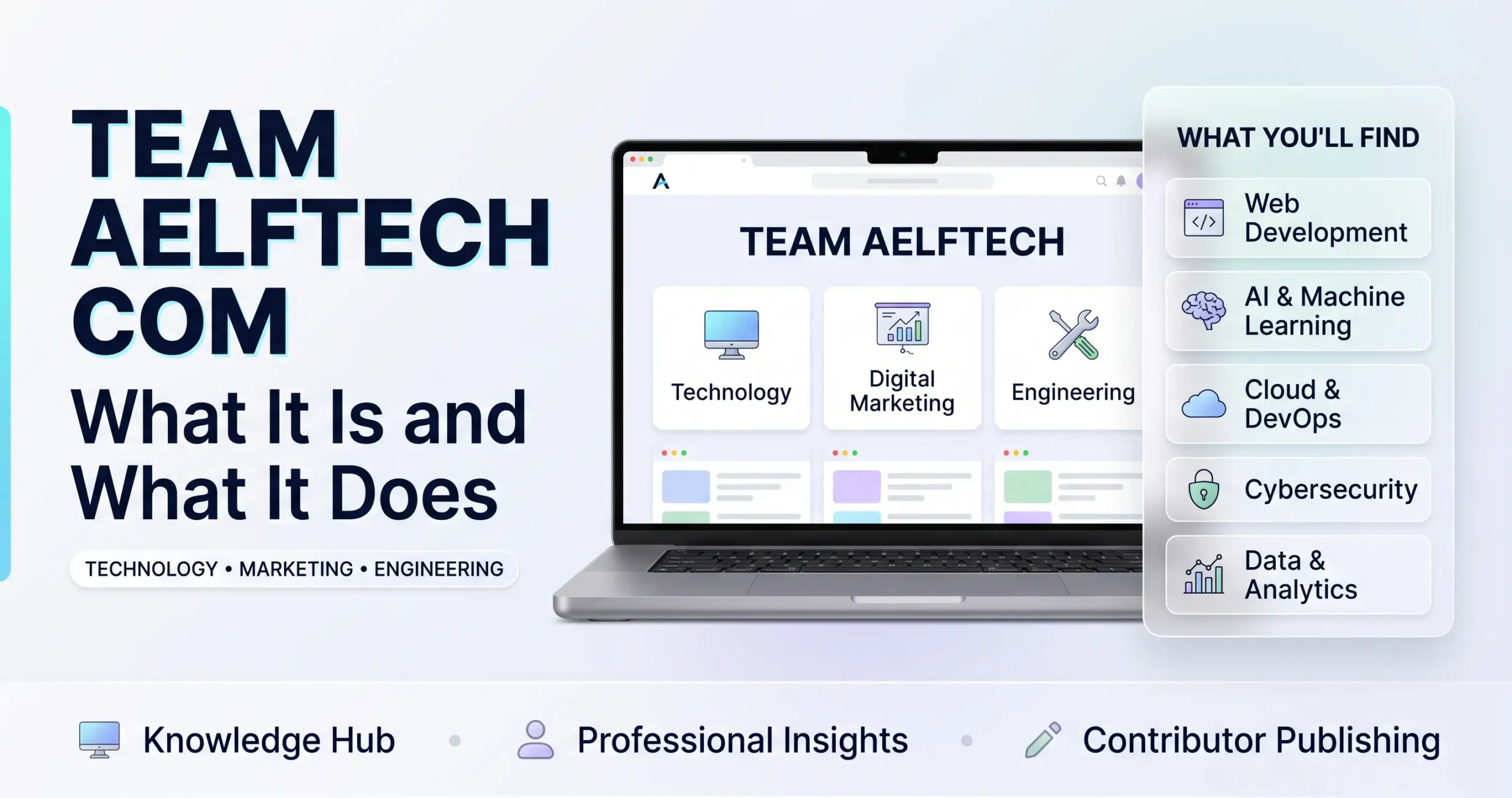 Team Aelftech Com explained with its technology, digital marketing, engineering, and knowledge platform categories.
