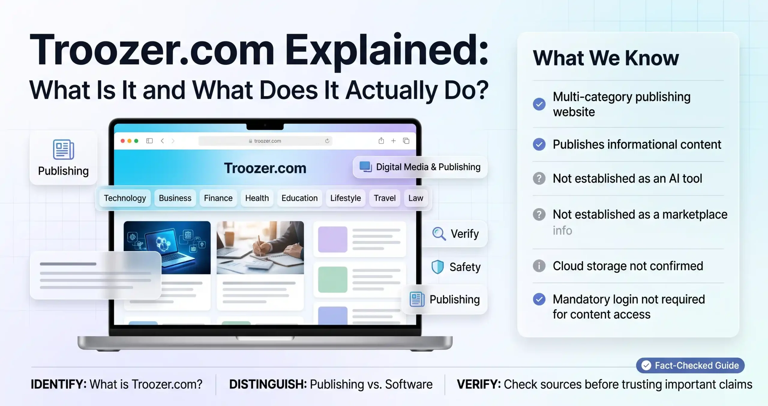 Troozer.com explained as a digital media and publishing website with technology, business, health, and other topics
