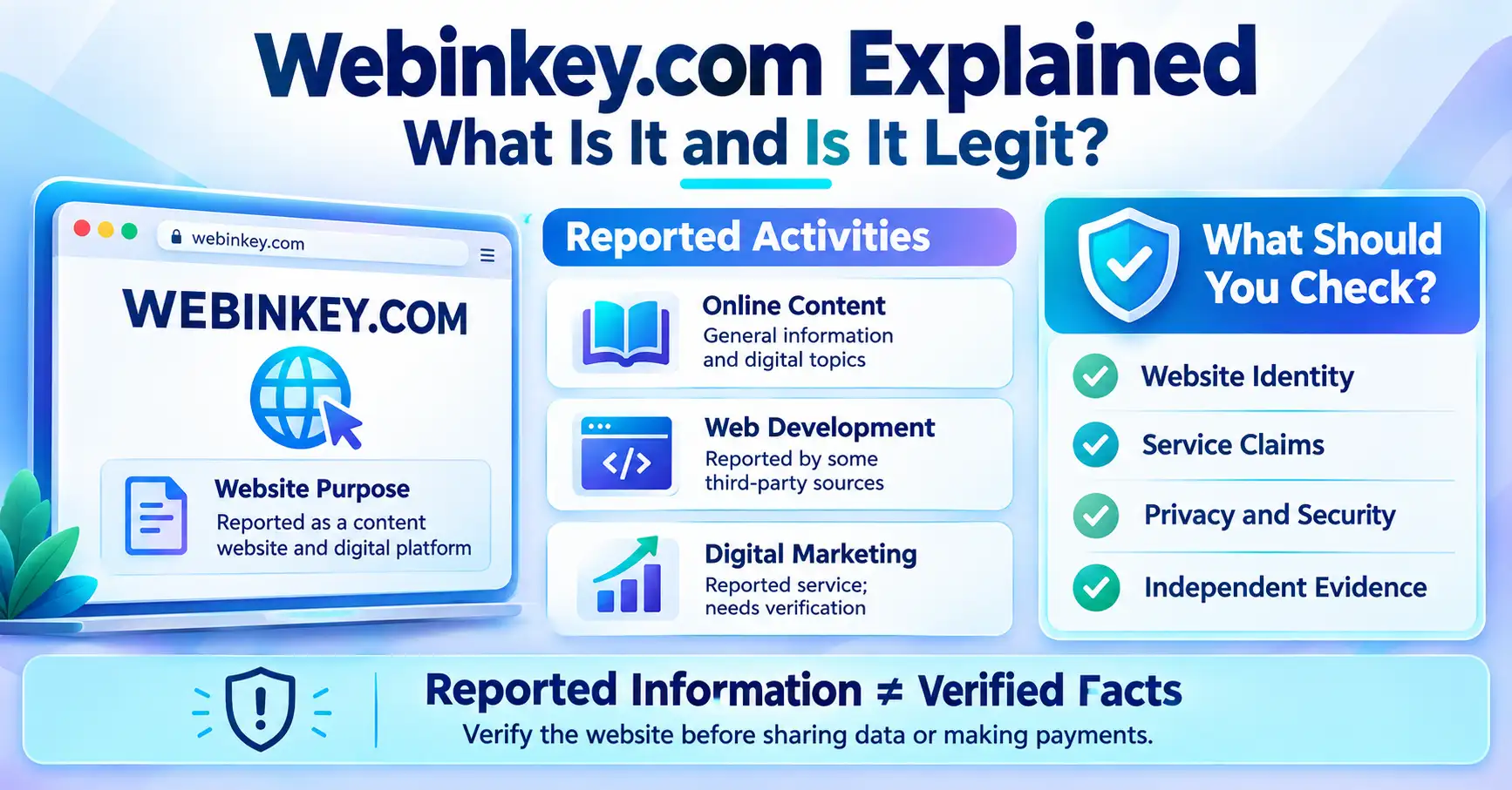 Webinkey.com explained infographic showing its website purpose, reported services, and legitimacy checks.