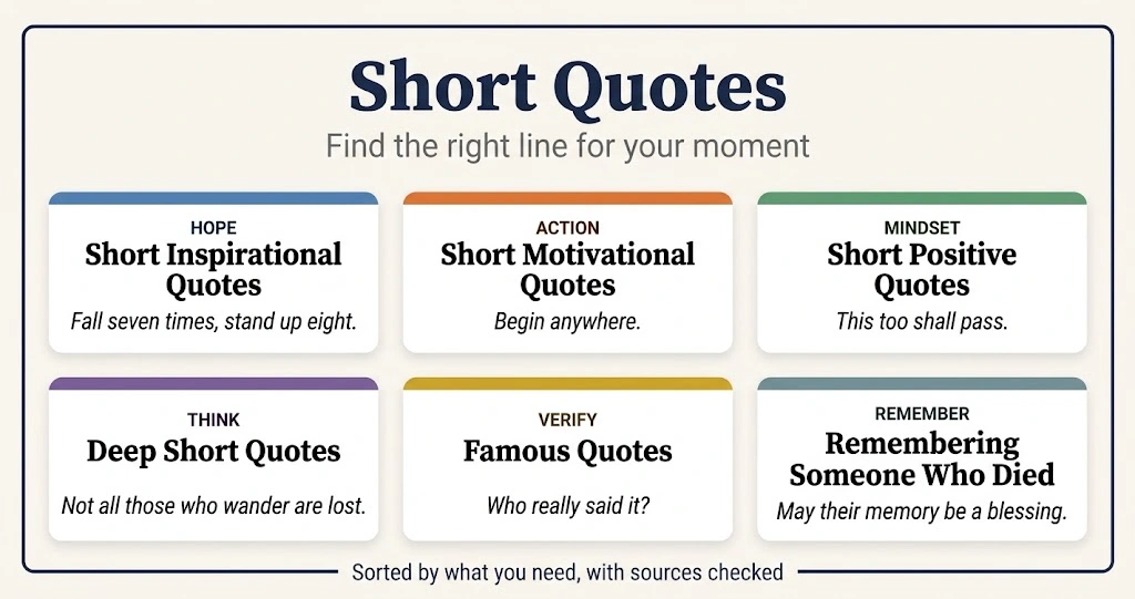 Short quotes guide showing six categories: inspirational, motivational, positive, deep, famous and remembrance quotes