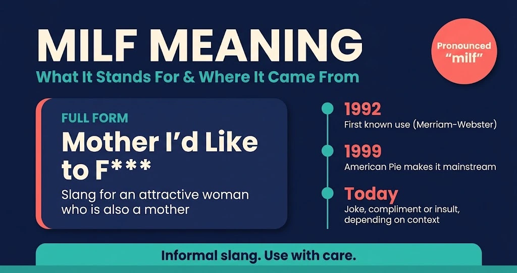 Infographic showing the MILF meaning, full form, and timeline from 1992 first use to American Pie in 1999