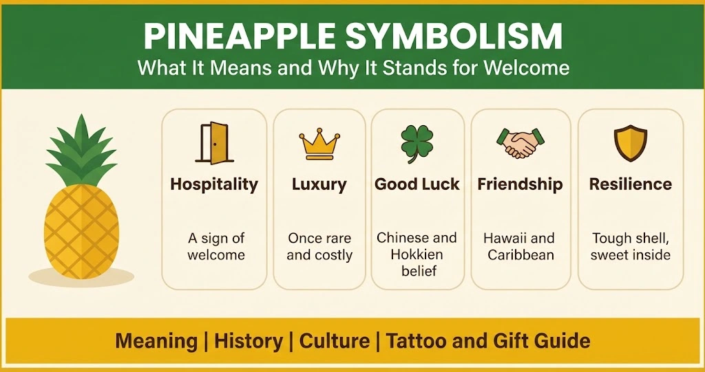 Infographic showing pineapple symbolism: hospitality, luxury, good luck, friendship and resilience