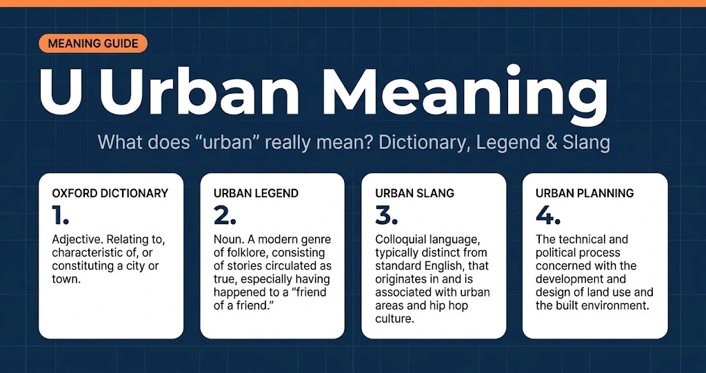 Urban meaning infographic showing dictionary meaning, official definition, urban legend and Urban Dictionary slang