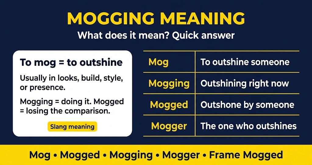 Infographic explaining mogging meaning with a table of mog, mogging, mogged, and mogger