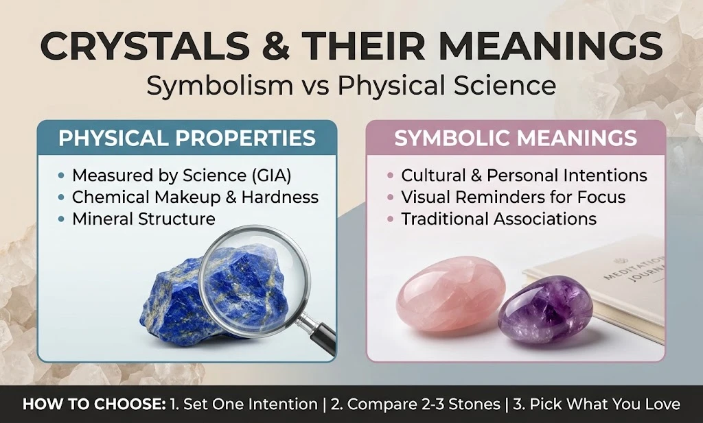 Infographic guide comparing physical scientific properties of crystals with traditional symbolic meanings and intention steps.
