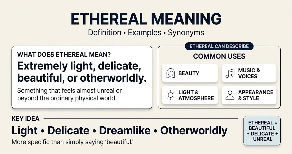 Ethereal meaning definition showing light, delicate, beautiful, and otherworldly qualities