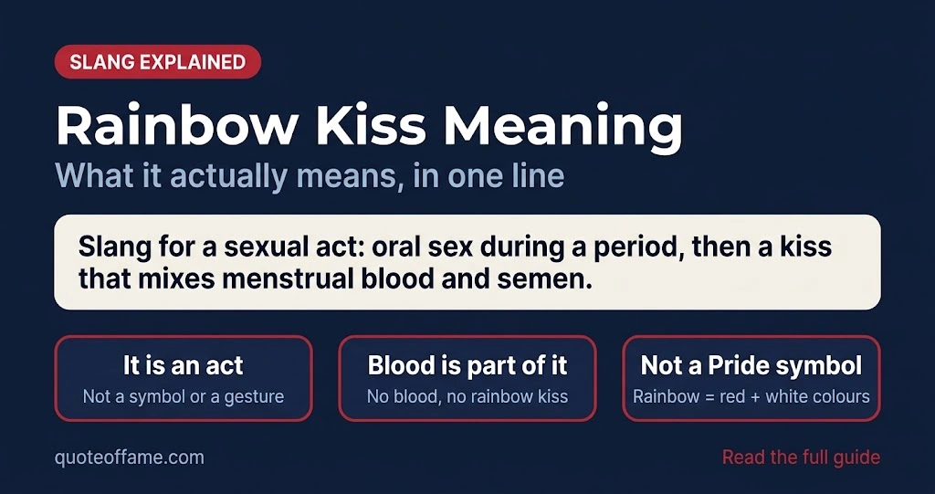Text graphic explaining rainbow kiss meaning as slang for a sexual act involving period blood and semen