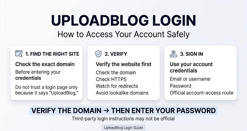 UploadBlog login guide showing how to verify the correct domain and safely access an account