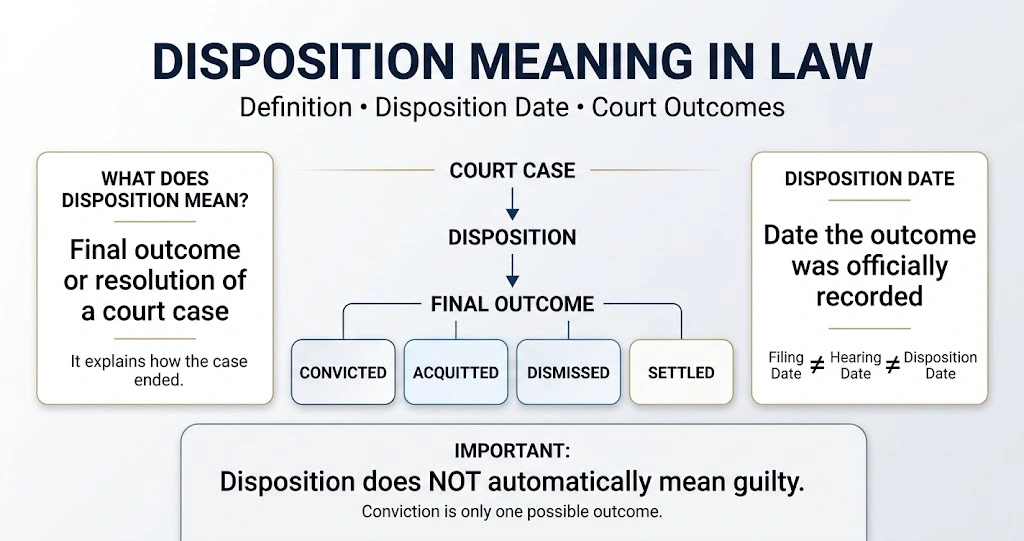Disposition meaning in law showing court outcomes and disposition date
