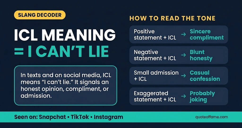 ICL meaning infographic showing ICL stands for I can’t lie and how to read its tone in texts