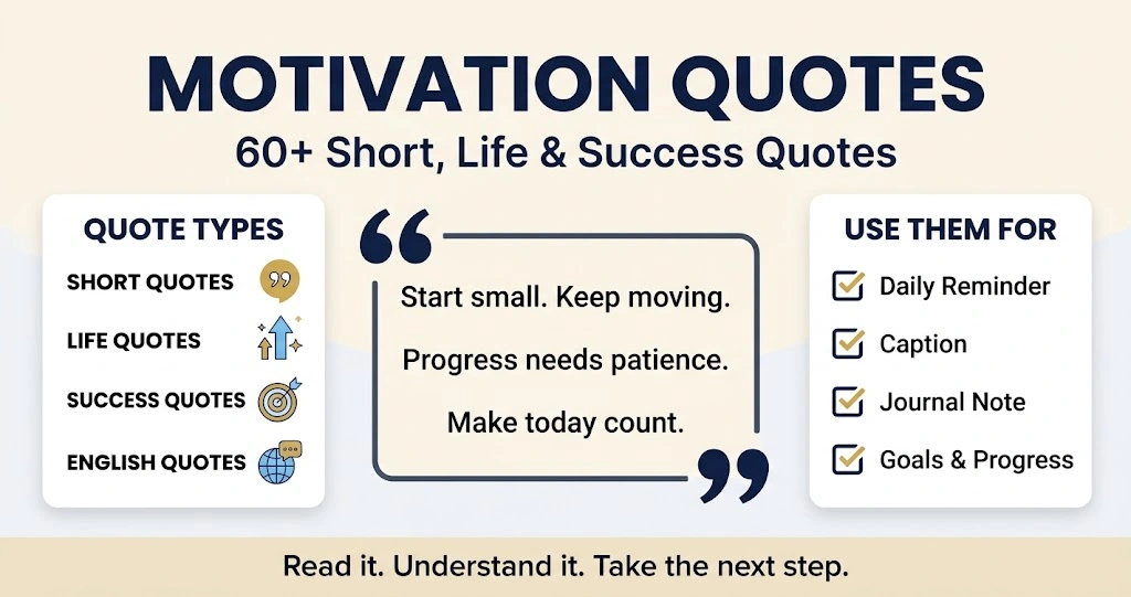 Motivation quotes infographic featuring short quotes, life quotes, success quotes, and English quotes