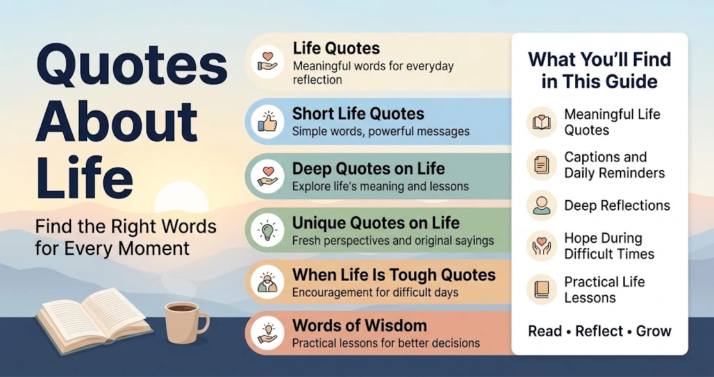 Quotes about life infographic featuring short life quotes, deep reflections, unique sayings, and words of wisdom