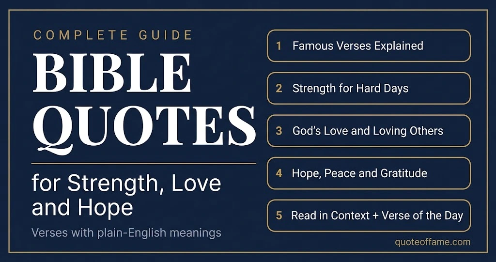 Bible quotes guide covering famous verses, strength, love, hope, peace, gratitude and verse of the day
