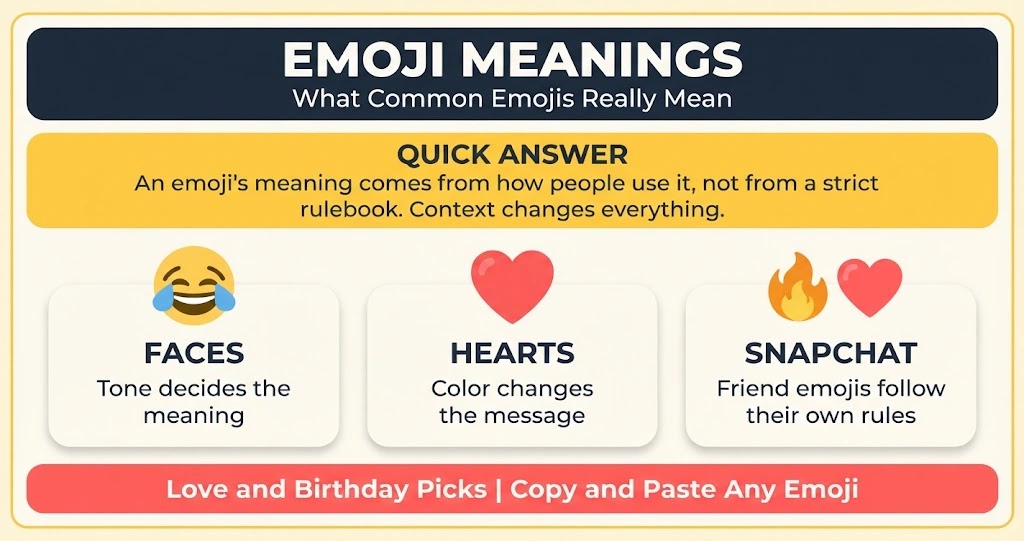 Infographic showing emoji meanings for faces, hearts and Snapchat emojis
