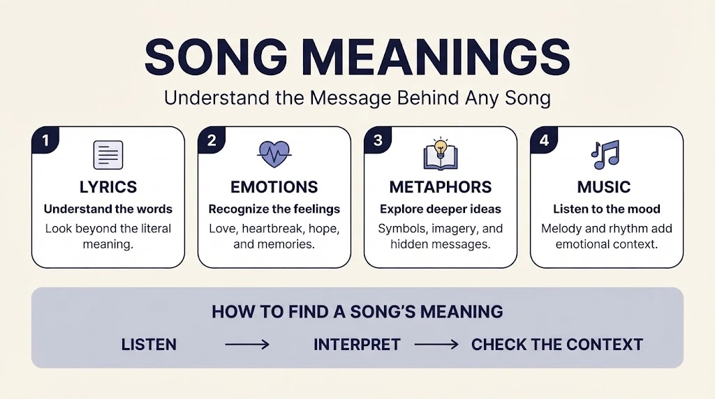 Song meanings infographic explaining lyrics, emotions, metaphors, and musical elements.