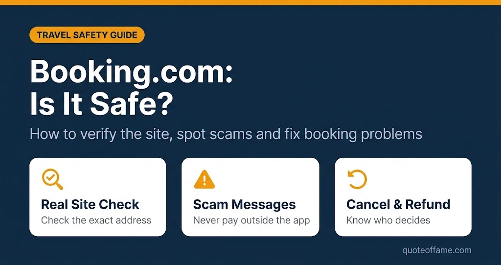 Infographic titled Booking.com: Is It Safe? with three checks: real site check, scam messages, and cancel and refund