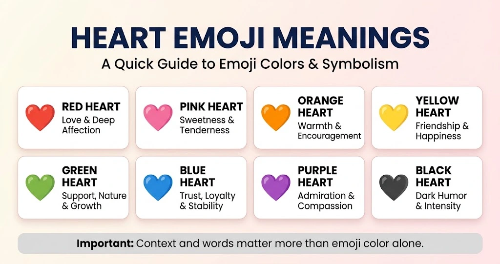 Infographic chart showing heart emoji meanings by color including red, pink, orange, yellow, green, blue, purple, and black.