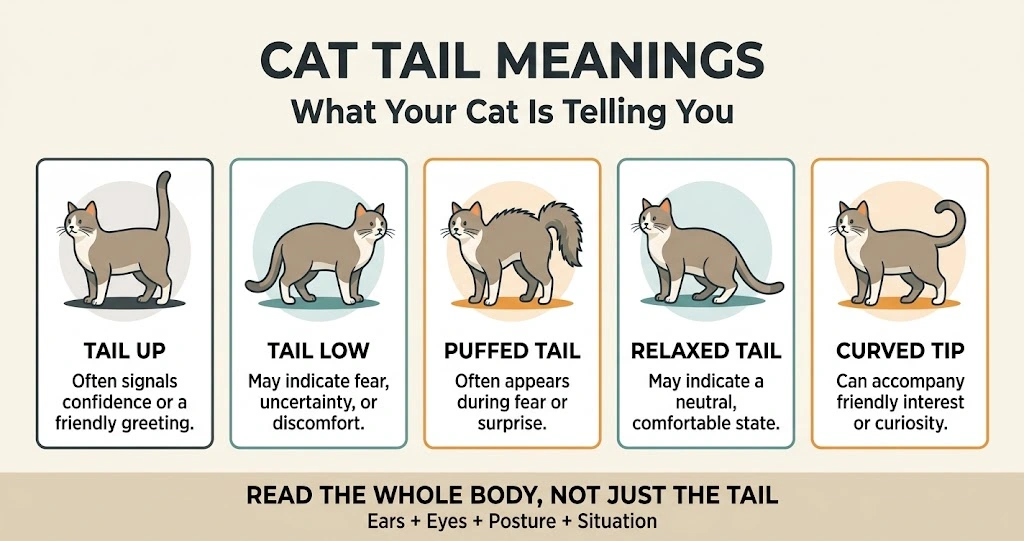 Cat tail meanings infographic showing upright, low, puffed, relaxed, and curved tail positions with explanations.