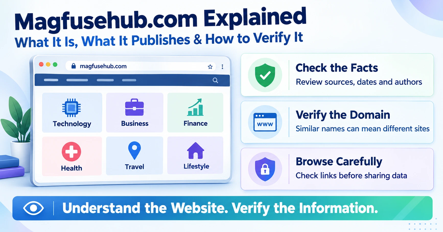 Magfusehub.com website explainer infographic showing its content categories, article verification steps, and browsing safety tips.