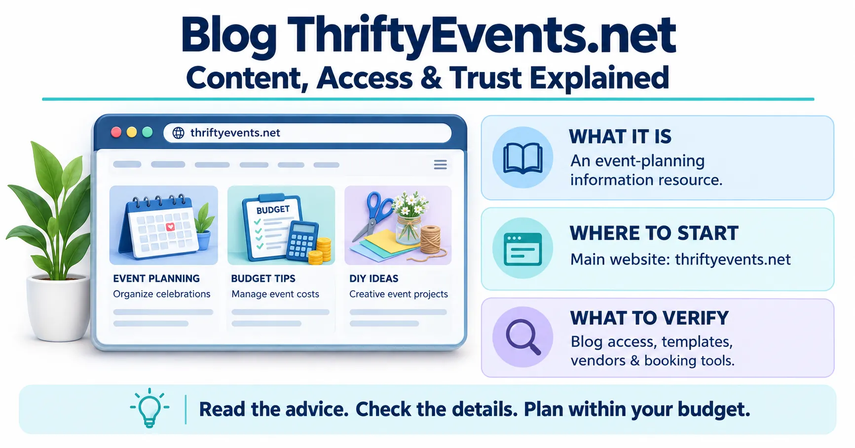 Blog ThriftyEvents.net infographic showing event-planning guides, budget tips, DIY ideas, website access, and features requiring verification.