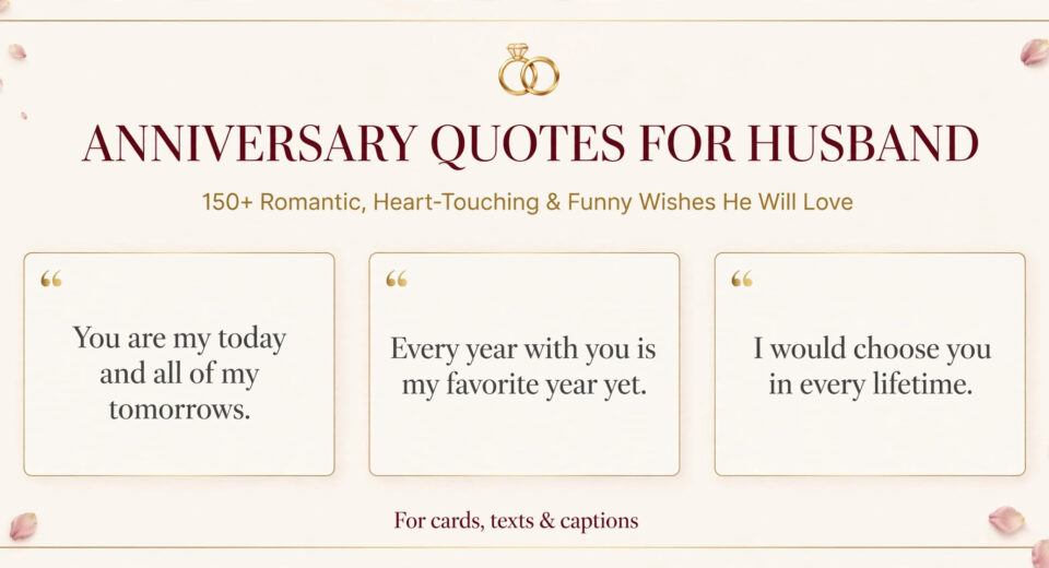 Anniversary quotes for husband infographic with three romantic wishes for cards, texts and captions