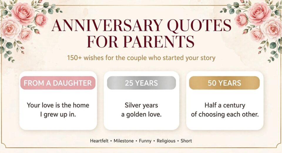 anniversary quotes for parents infographic with wishes from a daughter and for 25th and 50th milestones