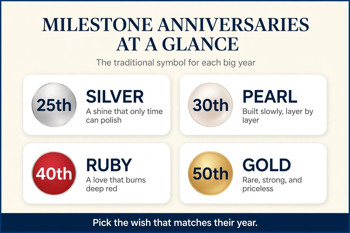 milestone anniversary chart showing silver for 25 years, pearl for 30, ruby for 40, and gold for 50