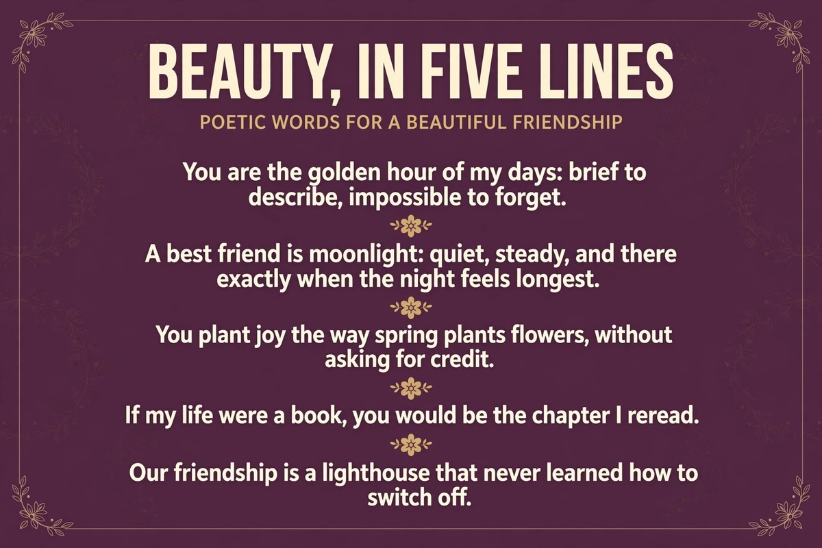 Beauty in five lines infographic with poetic quotes about friendship, moonlight and golden hours