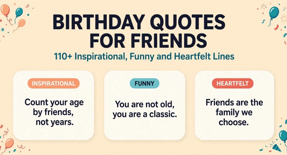 Birthday quotes for friends infographic with inspirational, funny and heartfelt quote cards