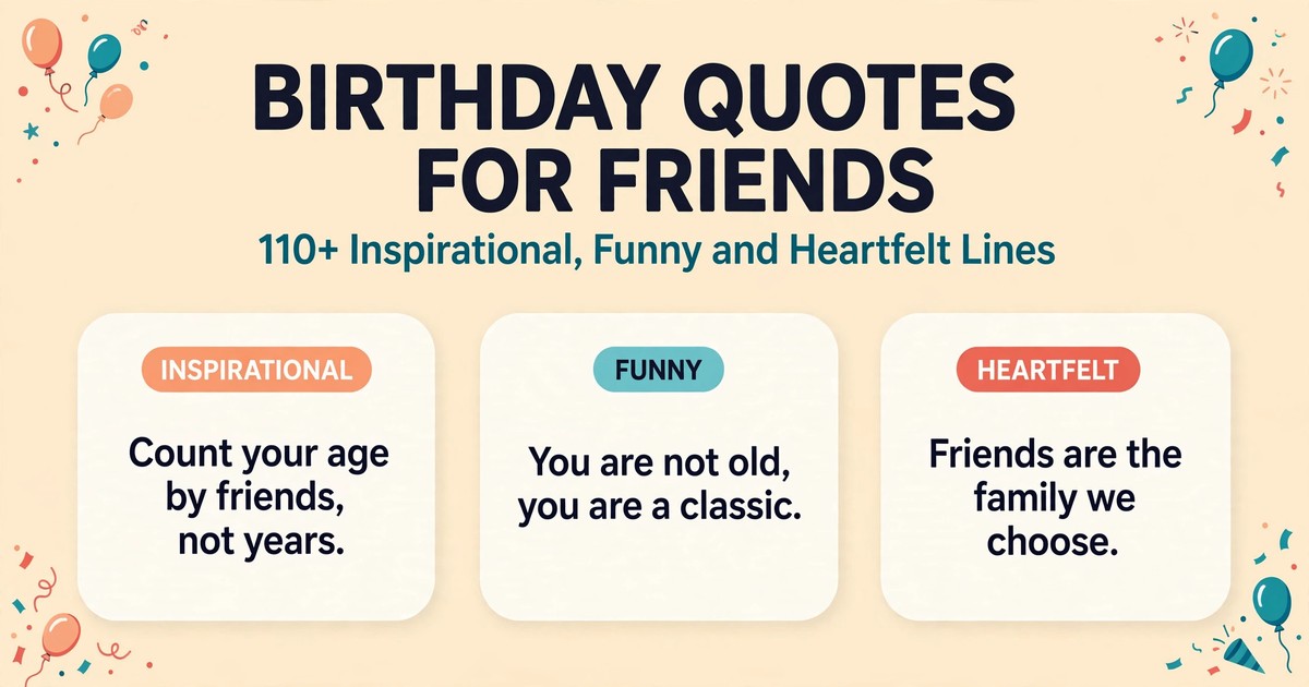 Birthday quotes for friends infographic with inspirational, funny and heartfelt quote cards